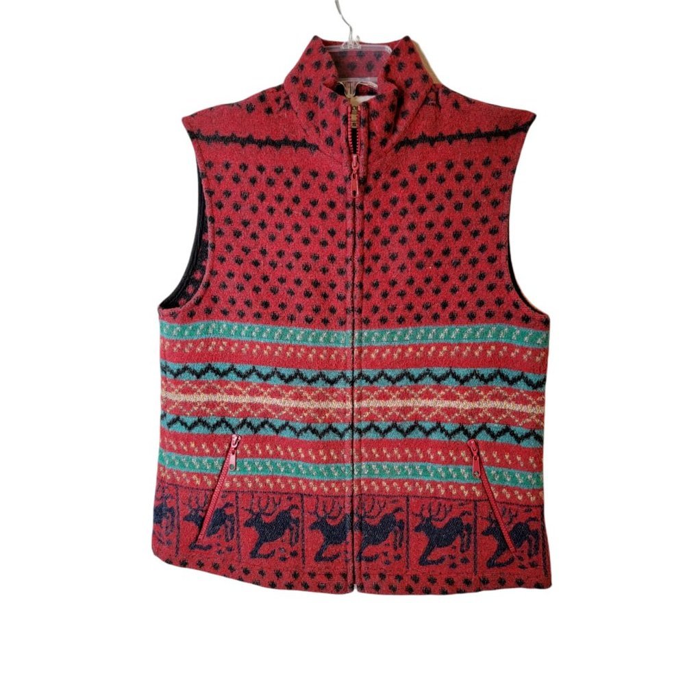 Vintage Sportables Small Women's Wool Vest Full Zip Moose Fair Isle
